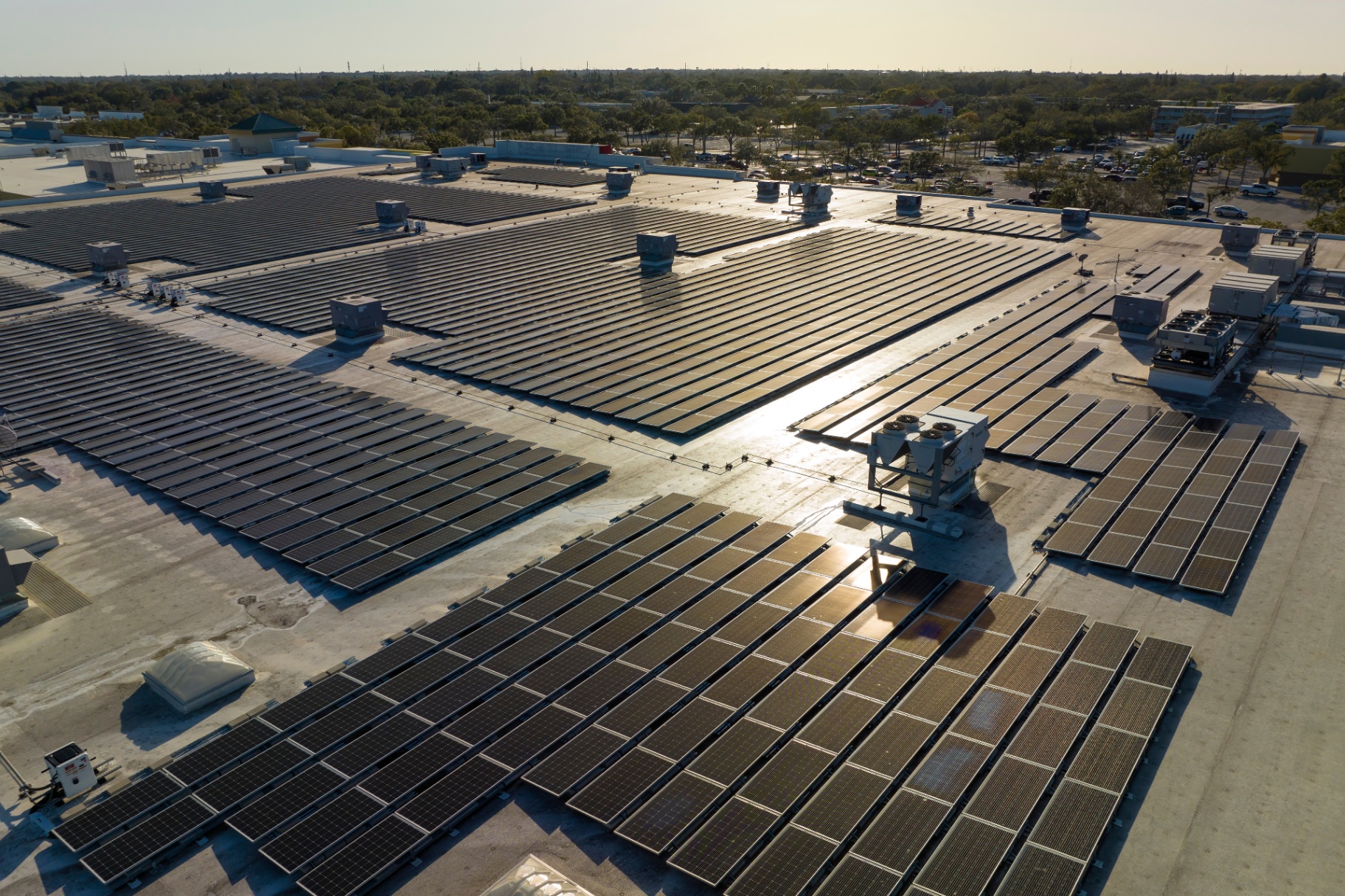 Large retail rooftop covered with solar panels