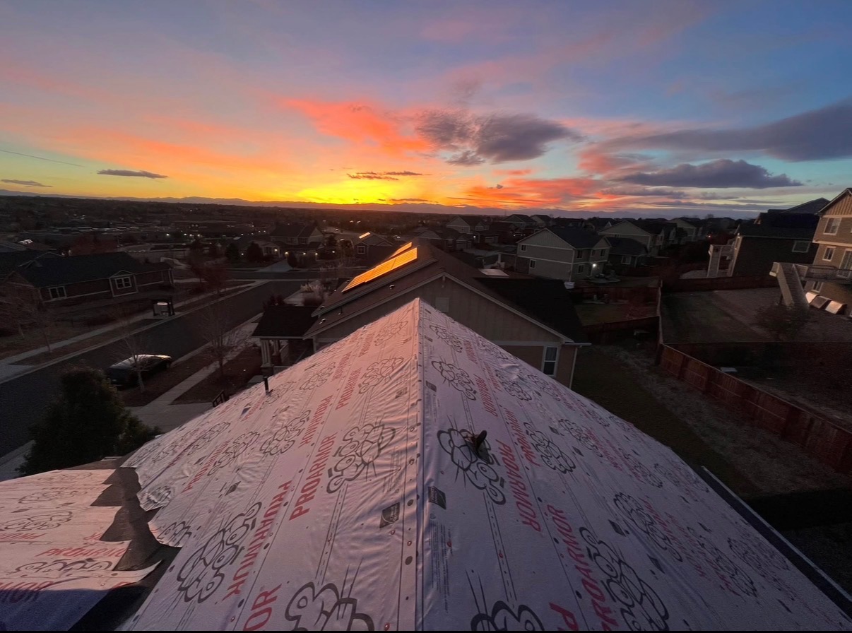 Sunset over a freshly-prepped roof deck in Colorado